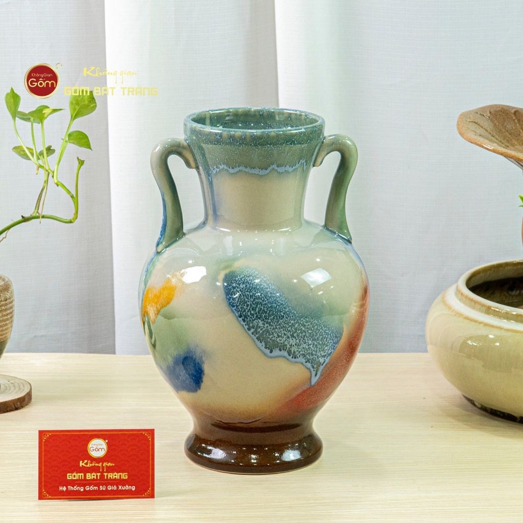 Lọ Hoa Tai Cúp Men Chảy Họa Tiết Búp Sen