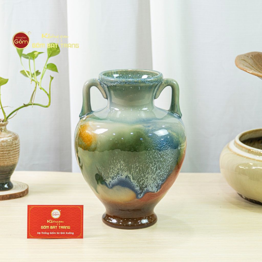 Lọ Hoa Tai Cúp Men Chảy Họa Tiết Búp Sen