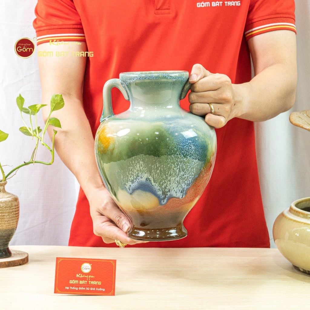 Lọ Hoa Tai Cúp Men Chảy Họa Tiết Búp Sen