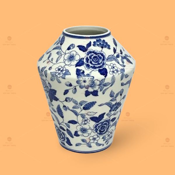 Lọ hoa vai vuông men lam vẽ dây xanh