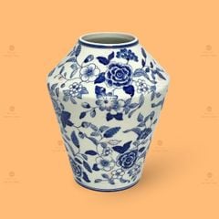 Lọ hoa vai vuông men lam vẽ dây xanh