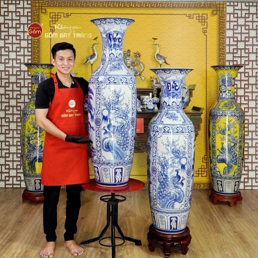 Lộc Bình 1M2 Men Lam Tứ Cảnh Phúc Đức