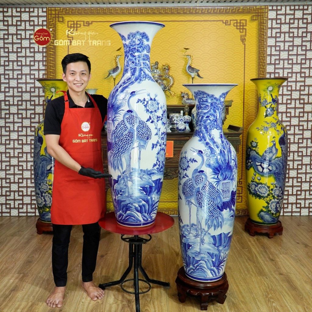 Lộc Bình 1M2 Men Lam Tùng Hạc