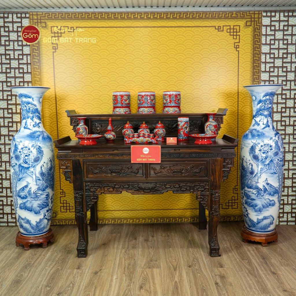 Lộc Bình 1M4 Men Lam Bách Điểu Trầu Hoàng