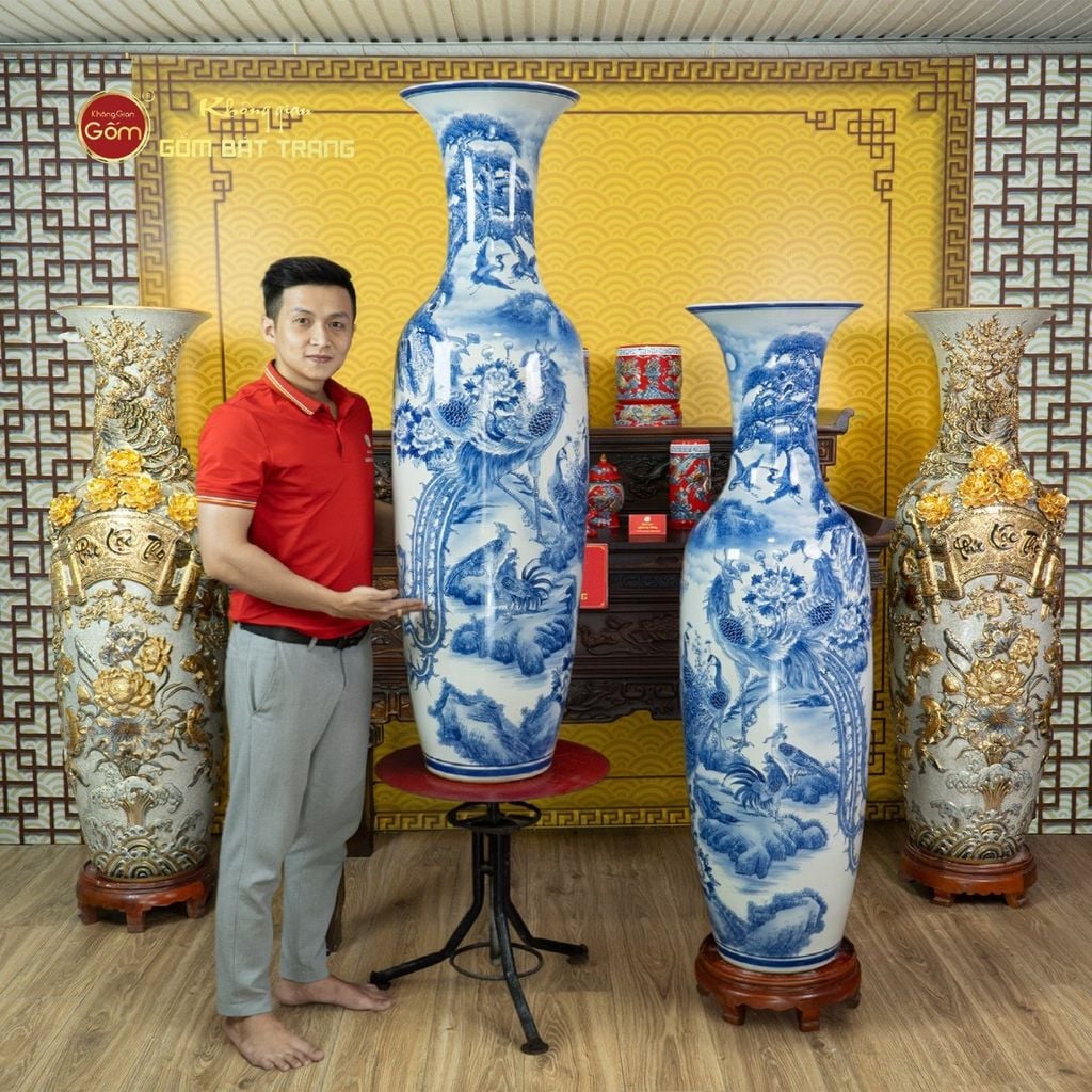 Lộc Bình 1M4 Men Lam Bách Điểu Trầu Hoàng