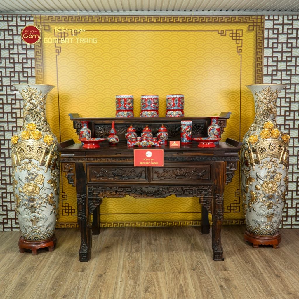 Lộc Bình 1M4 Men Rạn Phúc Lộc Thọ Đắp Nổi Vẽ Vàng