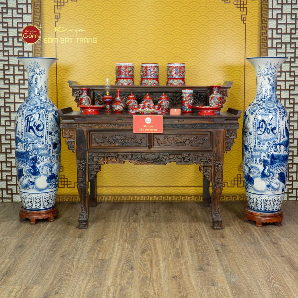 Lộc Bình 1M4 Men Lam Nổi Phúc Đức Công Ngư Hội Tụ