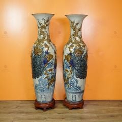 Lộc Bình 1M4 Men Rạn Công Đào Hoa Nâu Đắp Nổi