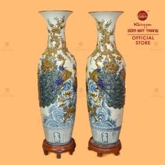 Lộc Bình 1M4 Men Rạn Công Đào Hoa Nâu Đắp Nổi