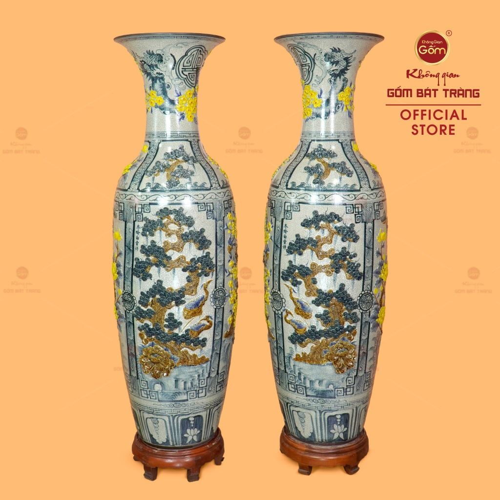 Lộc Bình Men Rạn Tứ Cảnh Hoa Vàng Đắp Nổi