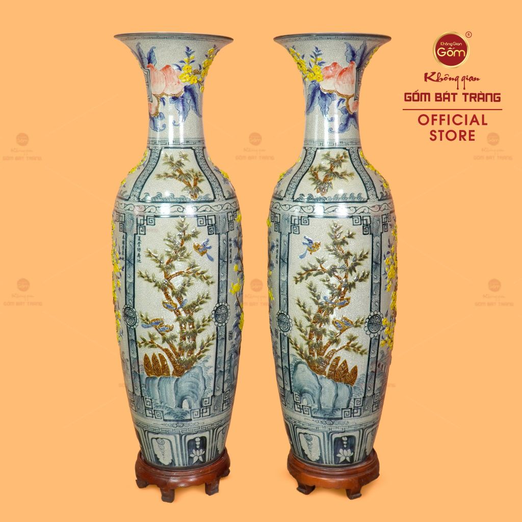 Lộc Bình Men Rạn Tứ Cảnh Hoa Vàng Đắp Nổi