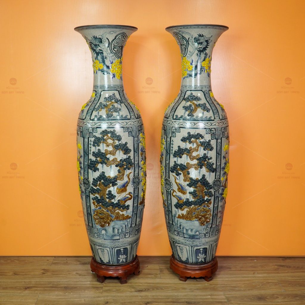 Lộc Bình Men Rạn Tứ Cảnh Hoa Vàng Đắp Nổi