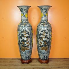 Lộc Bình Men Rạn Tứ Cảnh Hoa Vàng Đắp Nổi