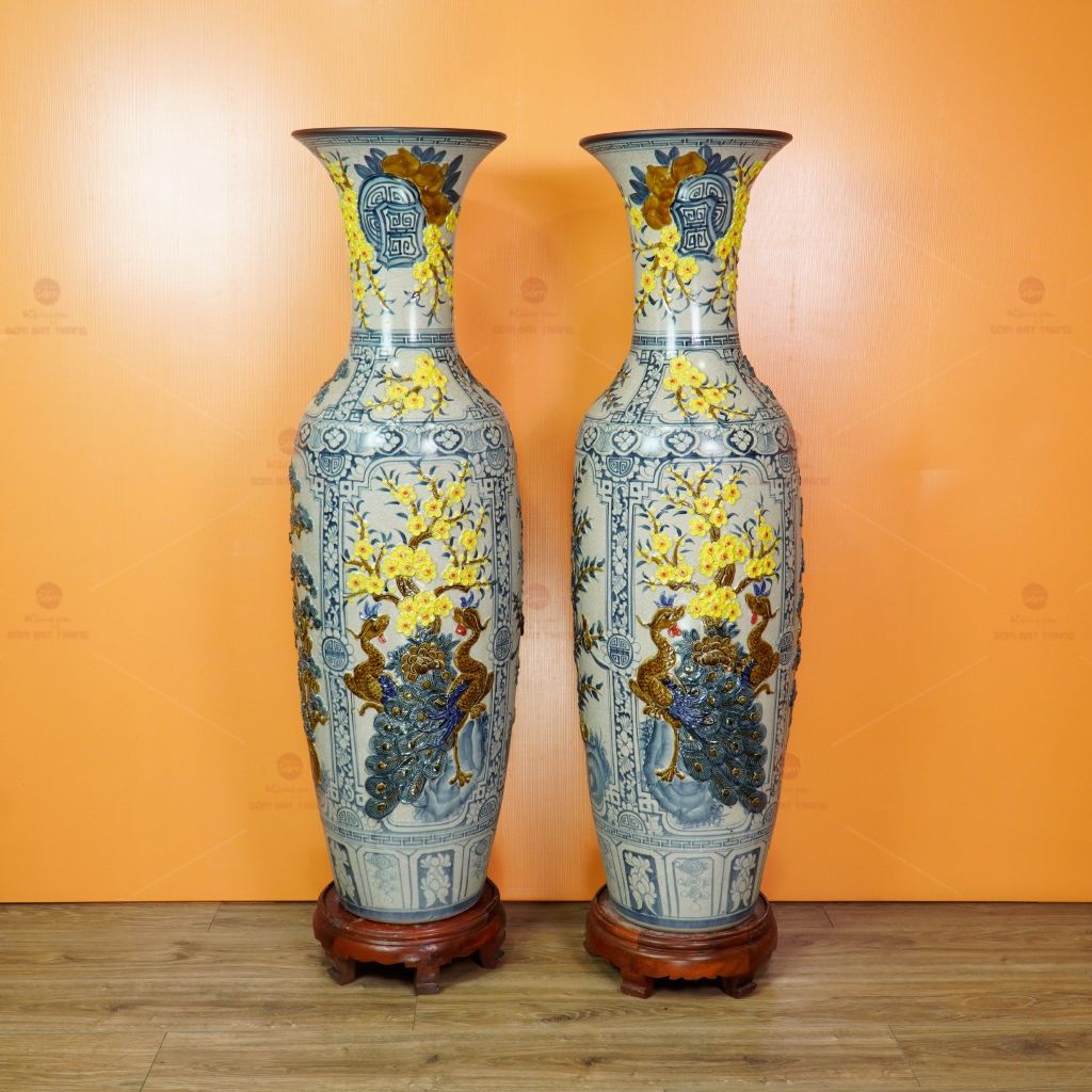 Lộc Bình 1M4 Men Rạn Tứ Quý Hoa Vàng Đắp Nổi