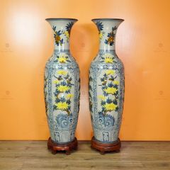 Lộc Bình 1M4 Men Rạn Tứ Quý Hoa Vàng Đắp Nổi