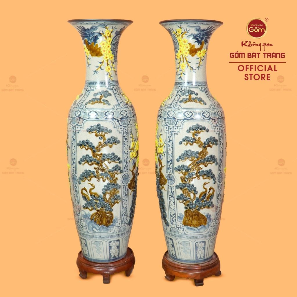 Lộc Bình 1M4 Men Rạn Tứ Quý Hoa Vàng Đắp Nổi