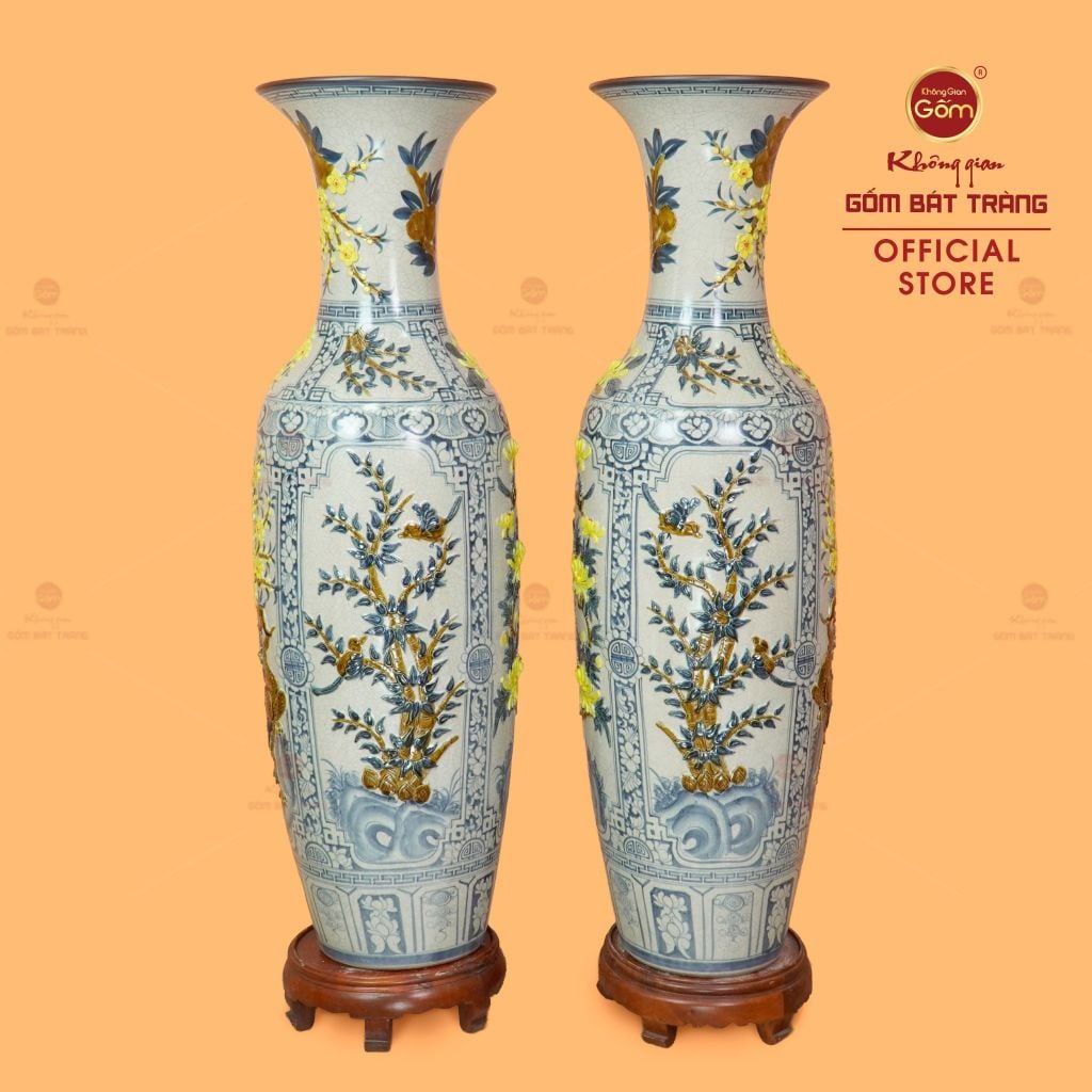 Lộc Bình 1M4 Men Rạn Tứ Quý Hoa Vàng Đắp Nổi