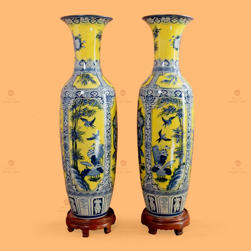 Lộc Bình 1M4 Men Vàng Vẽ Tứ Cảnh