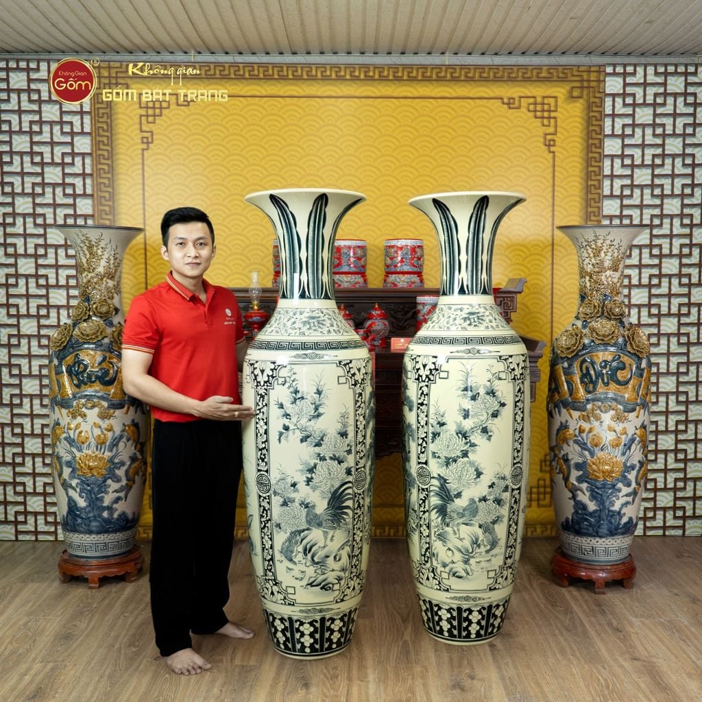 Lộc Bình 1M6 Men Rạn Tứ Cảnh Hanh Vàng Vẽ Kỹ