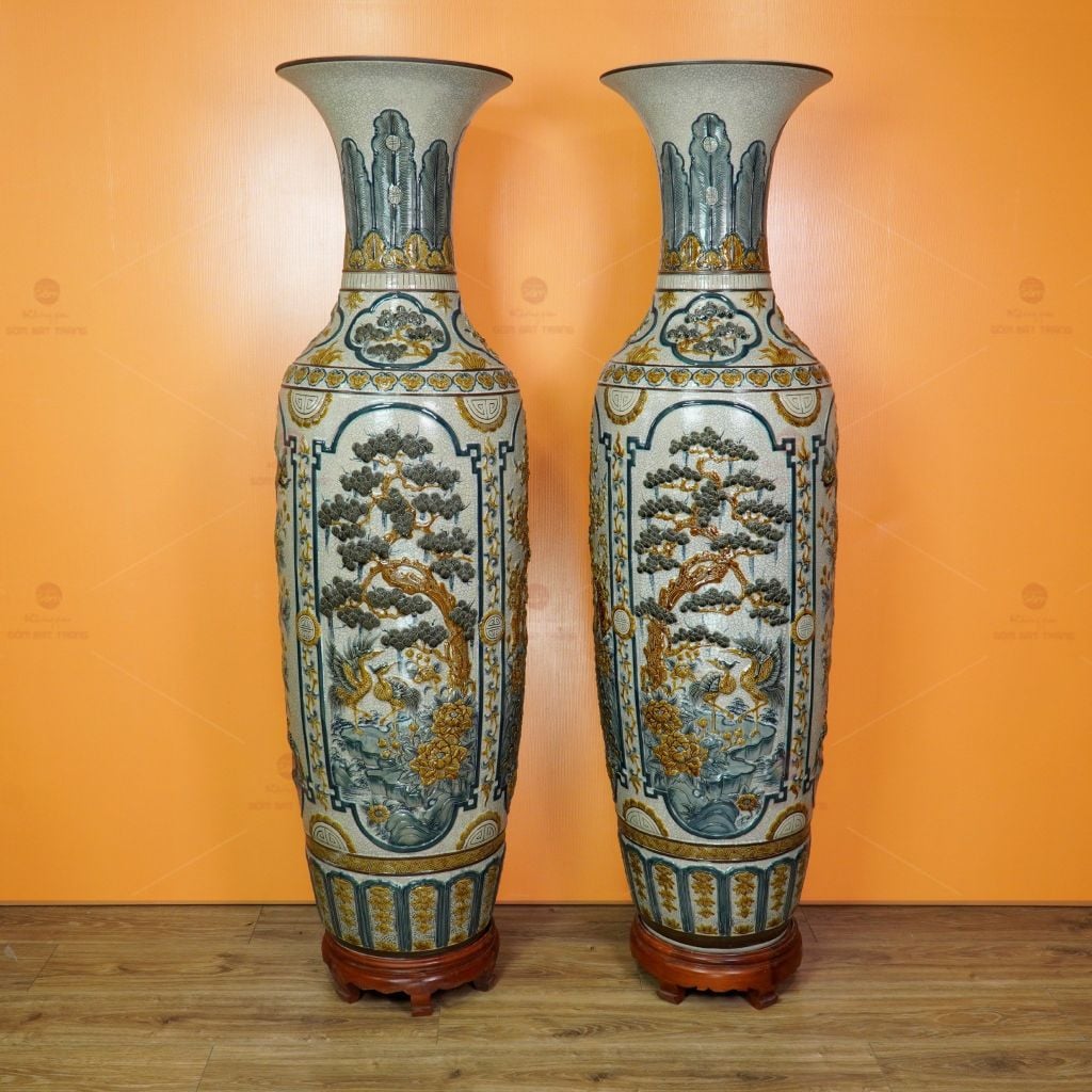 Lộc Bình 1M6 Men Rạn Tứ Quý Đắp Nổi