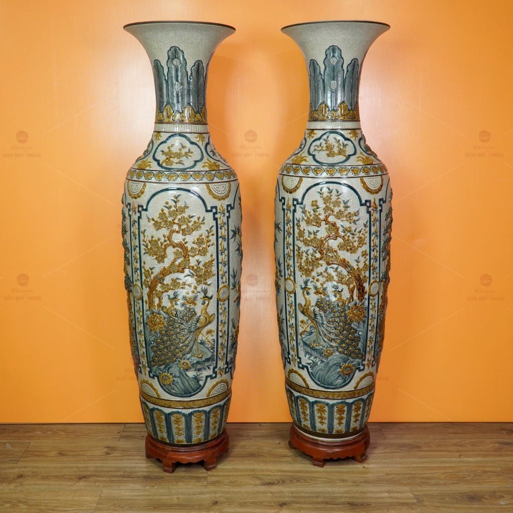 Lộc Bình 1M6 Men Rạn Tứ Quý Đắp Nổi