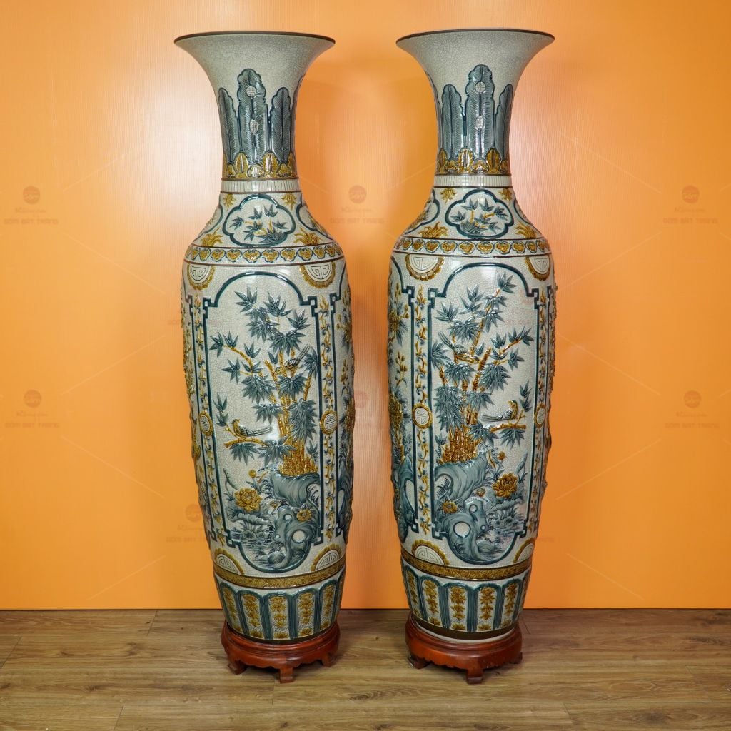 Lộc Bình 1M6 Men Rạn Tứ Quý Đắp Nổi