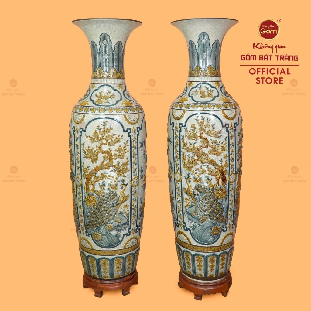 Lộc Bình 1M6 Men Rạn Tứ Quý Đắp Nổi