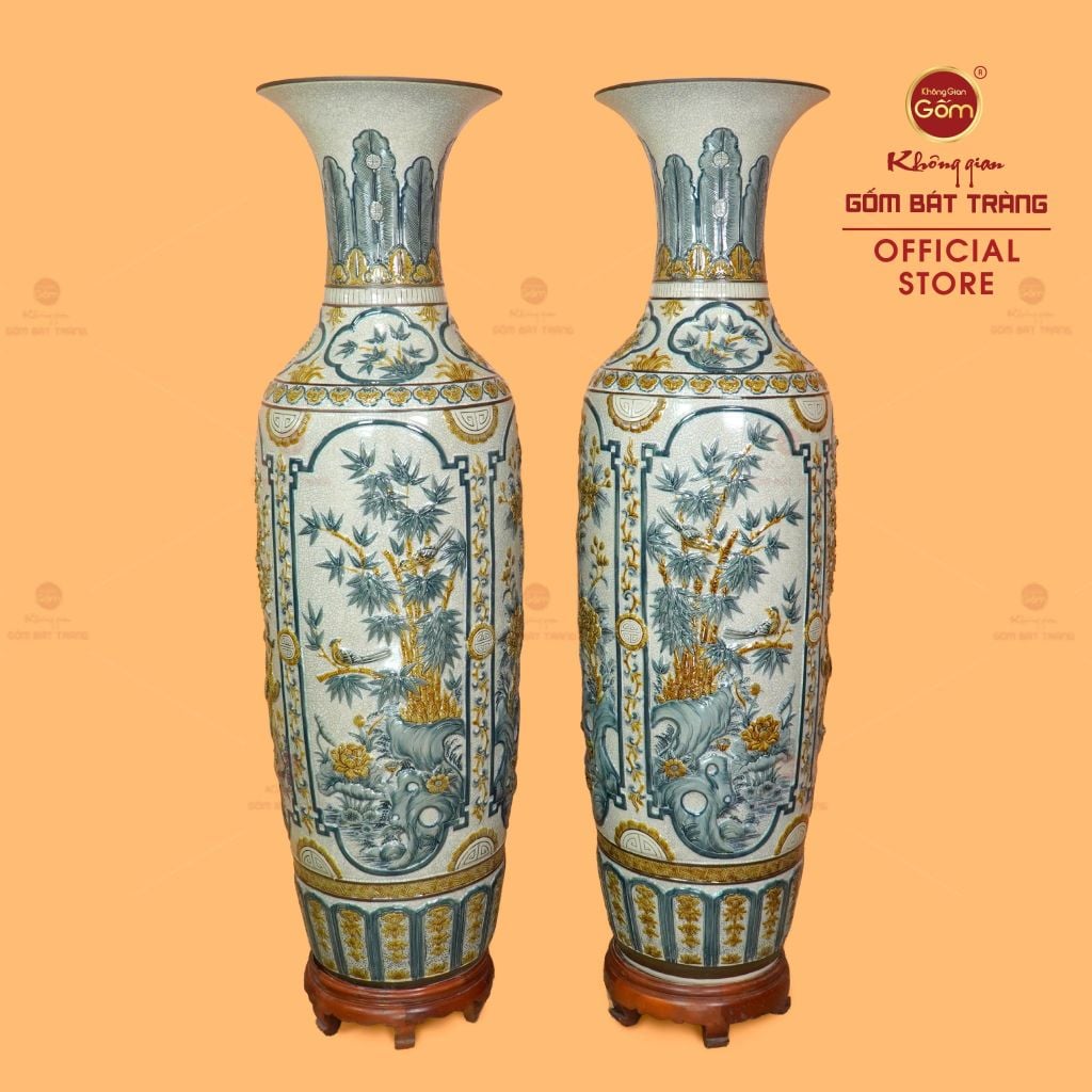 Lộc Bình 1M6 Men Rạn Tứ Quý Đắp Nổi