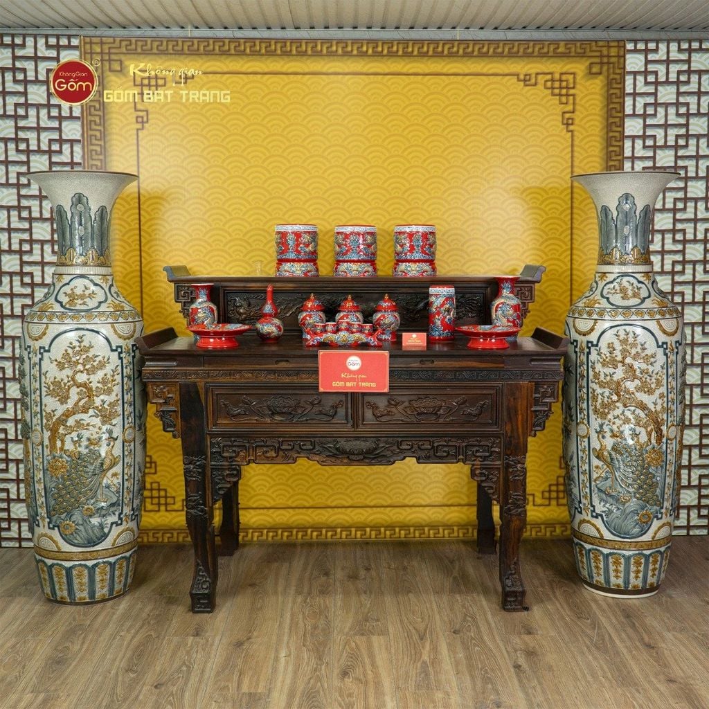 Lộc Bình 1M6 Men Rạn Tứ Quý Đắp Nổi