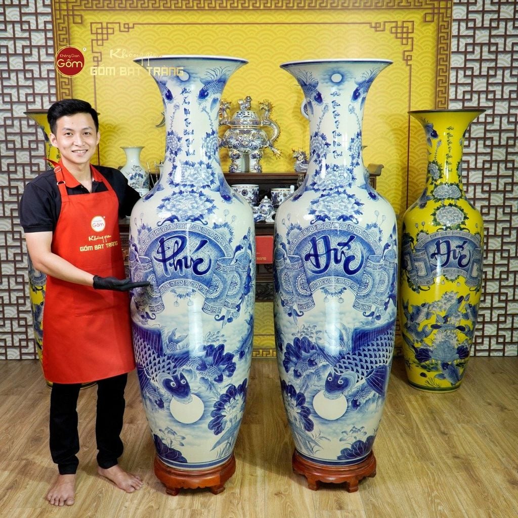 Lộc Bình Béo 1M6 Men Lam Phúc Đức