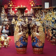 Lộc Bình Công Đào Men Nâu Đắp Nổi Dát Vàng