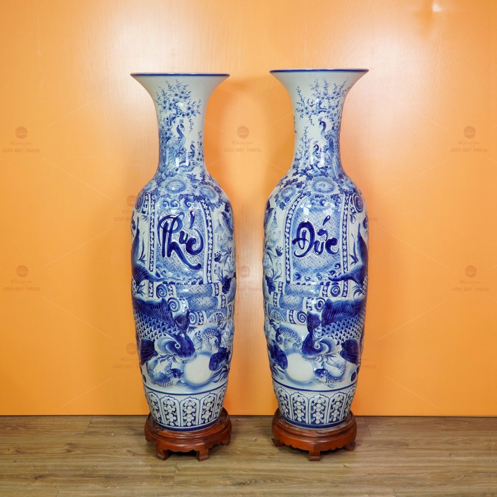 Lộc Bình 1M4 Men Lam Nổi Phúc Đức Công Ngư Hội Tụ