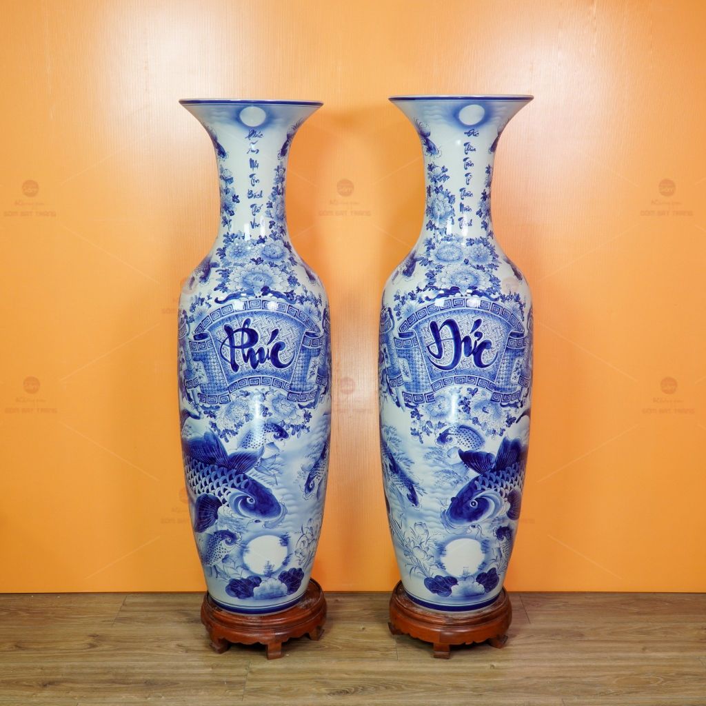 Lộc Bình Men Lam Phúc Đức Vượng Tài Song Ngư