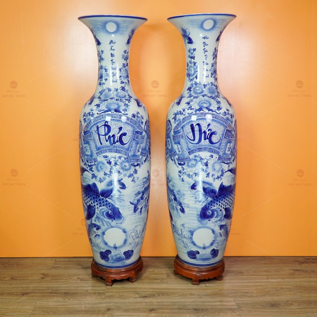 Lộc Bình Men Lam Phúc Đức Vượng Tài Song Ngư