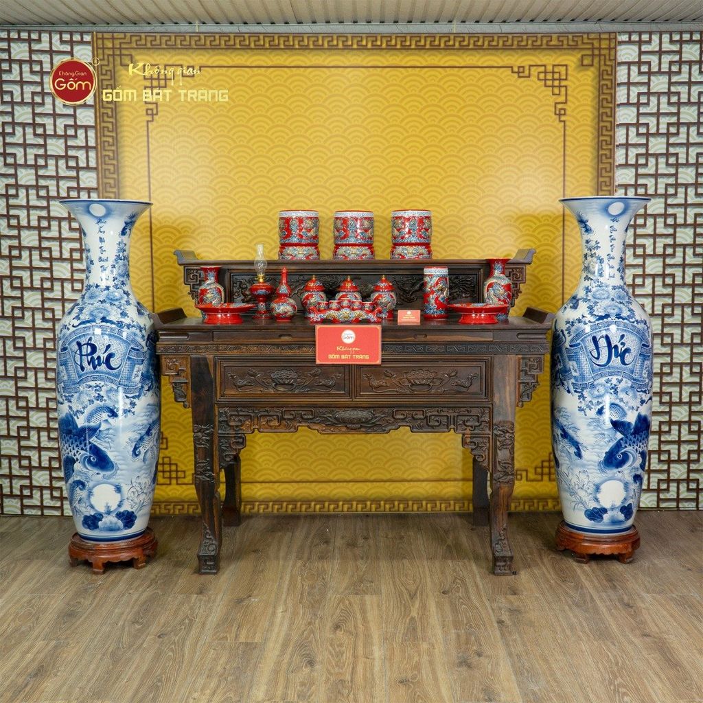 Lộc Bình Men Lam Phúc Đức Vượng Tài Song Ngư