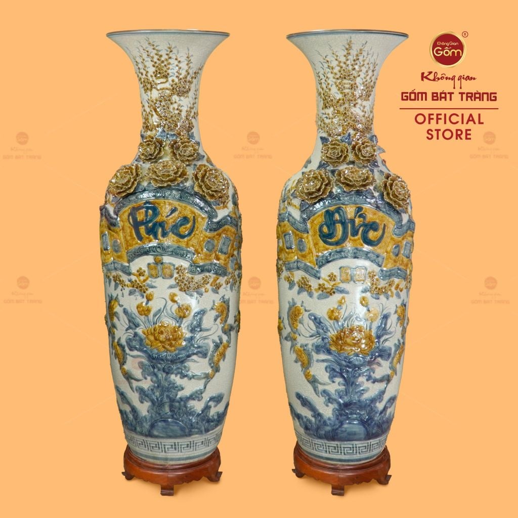 Lộc Bình Men Rạn Phúc Đức Hoa Sen Đắp Nổi