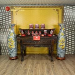 Lộc Bình Men Rạn Tứ Cảnh Hoa Vàng Đắp Nổi