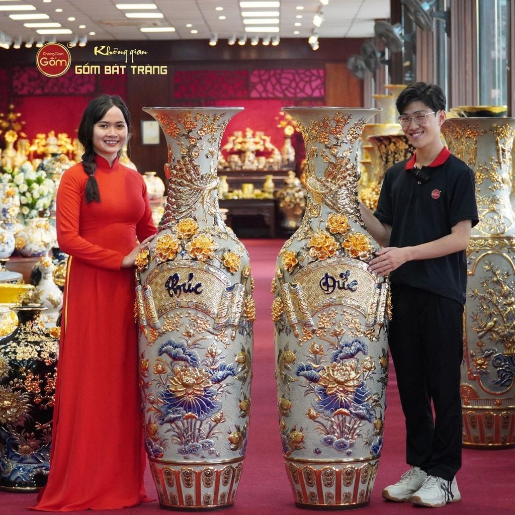 Lộc Bình Phúc Đức Men Rạn Đắp Nổi Vẽ Vàng