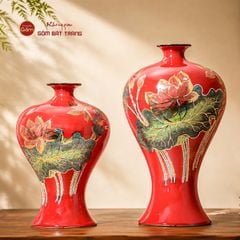 Lọ Hoa Dáng Mai Bình Men Đỏ Hoa Sen Vẽ Vàng