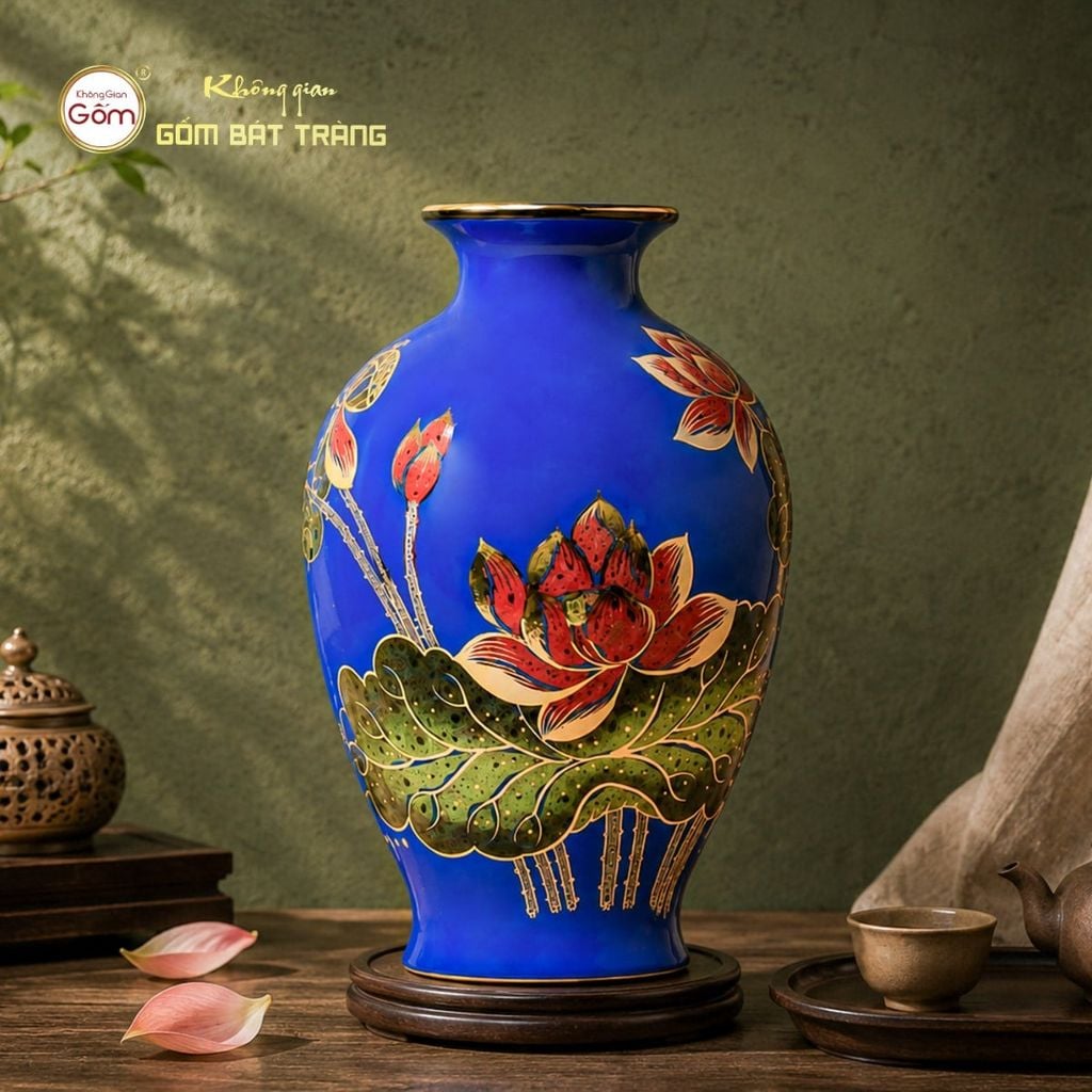 Lọ Hoa Mai Bình Men Xanh Hoa Sen Vẽ Vàng