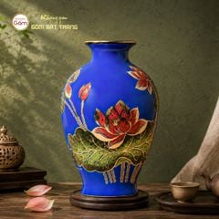 Lọ Hoa Mai Bình Men Xanh Hoa Sen Vẽ Vàng