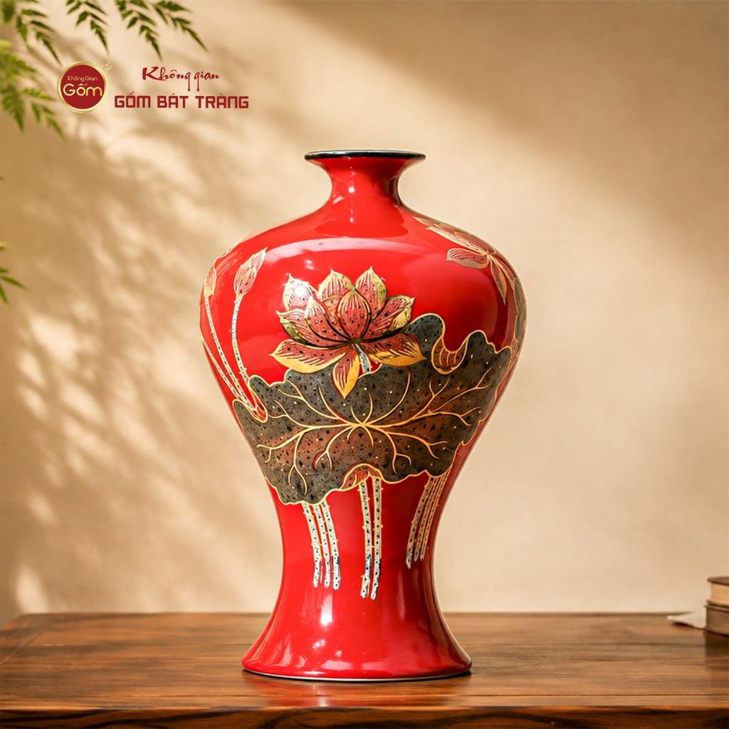 Lọ Hoa Dáng Mai Bình Men Đỏ Hoa Sen Vẽ Vàng