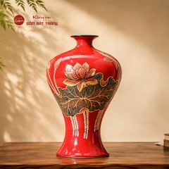 Lọ Hoa Dáng Mai Bình Men Đỏ Hoa Sen Vẽ Vàng