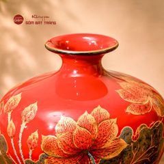 Lọ Hoa Dáng Mai Bình Men Đỏ Hoa Sen Vẽ Vàng