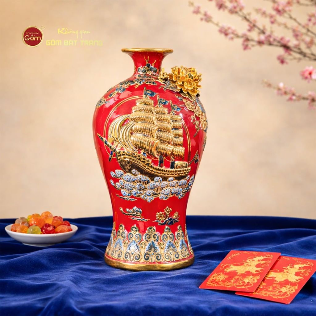 Mai Bình Men Đỏ Thuận Buồm Xuôi Gió Đắp Nổi Vẽ Vàng