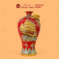 Mai Bình Men Đỏ Thuận Buồm Xuôi Gió Đắp Nổi Vẽ Vàng