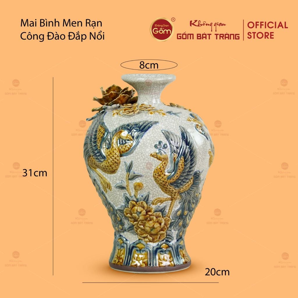 Mai Bình Men Rạn Công Đào Đắp Nổi