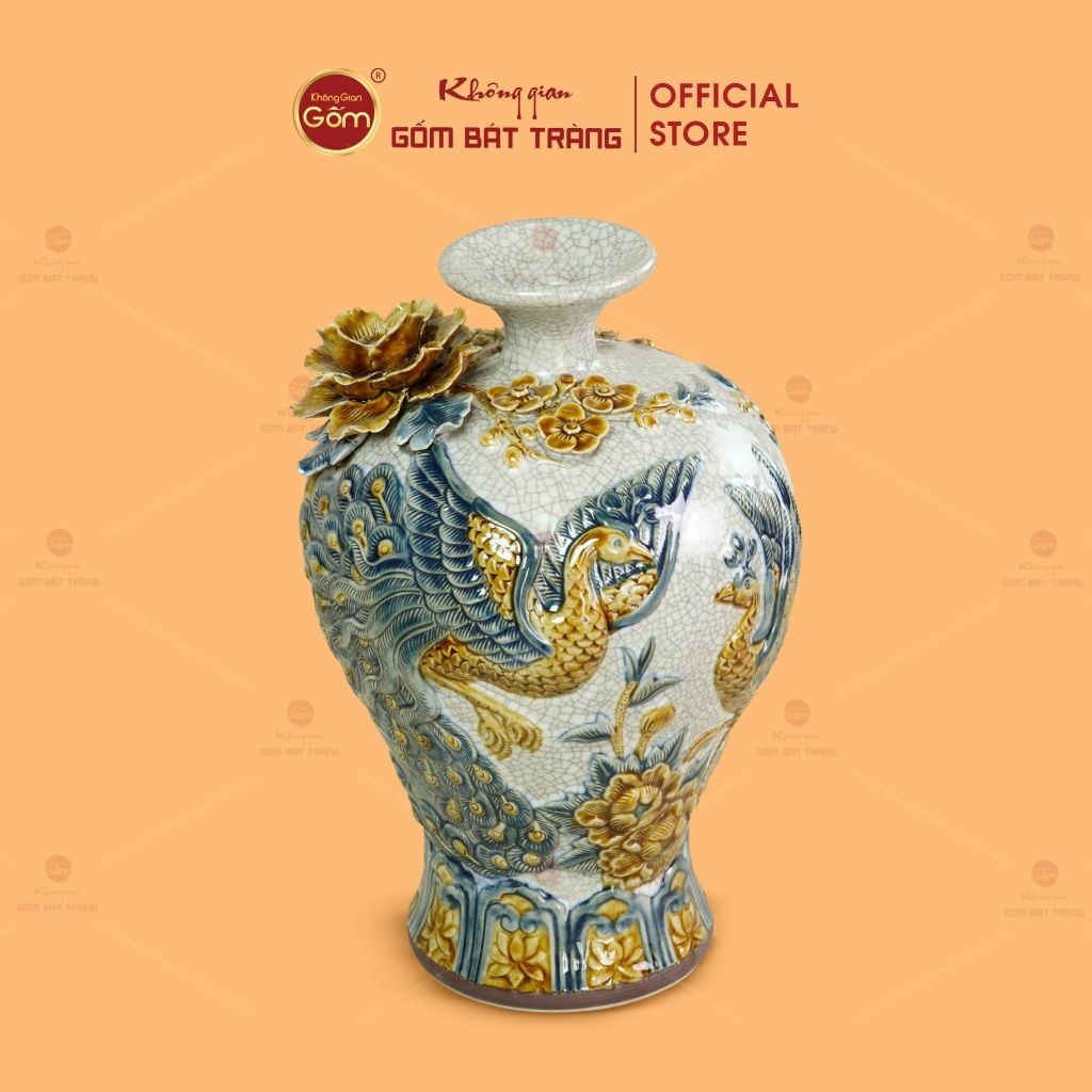 Mai Bình Men Rạn Công Đào Đắp Nổi