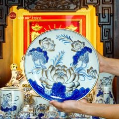 [Set Cao Cấp] Bộ Đồ Thờ Thần Tài Thổ Địa Men Lam Vẽ Vàng (12 món)