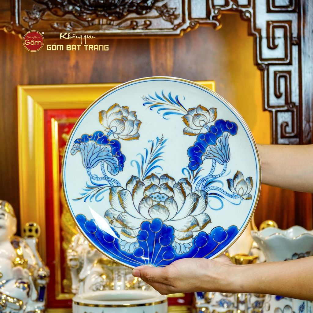 [Set Hào Gia] Bộ Đồ Thờ Thần Tài Thổ Địa Men Lam Vẽ Vàng (14 món)